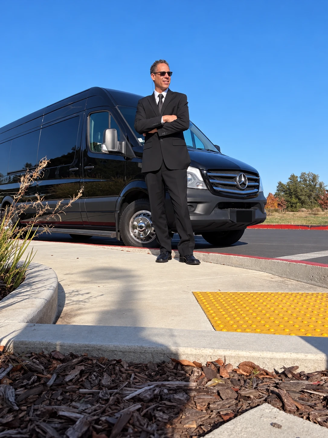 Professional driver and black passenger van on assignment